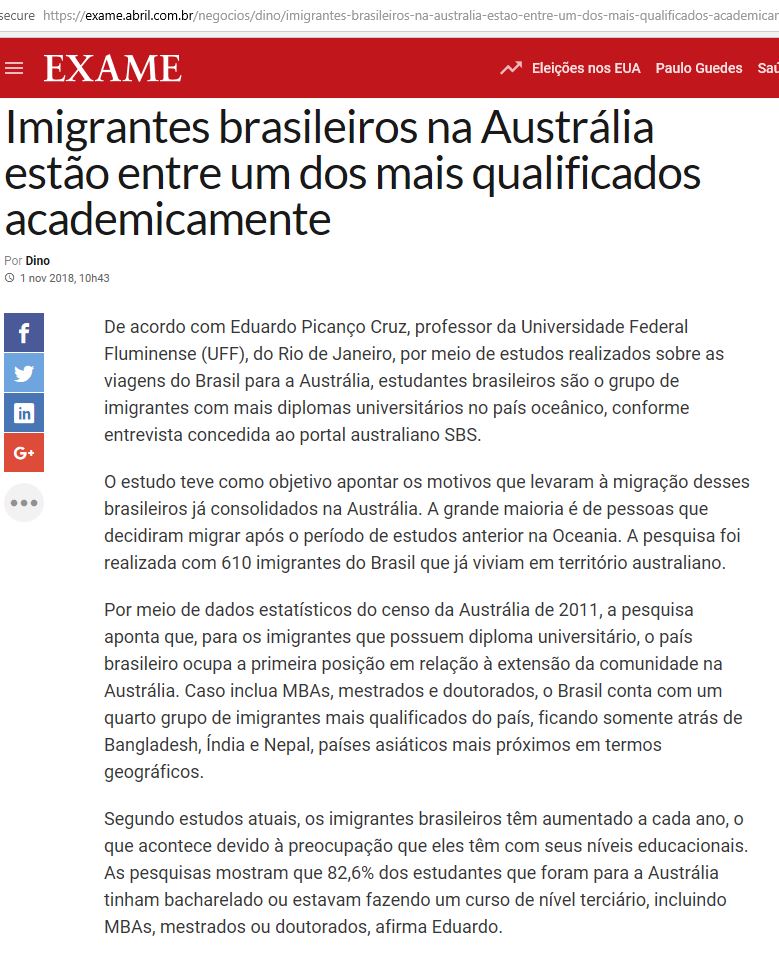 Exame - Imigrantes brasileiros na Austrália