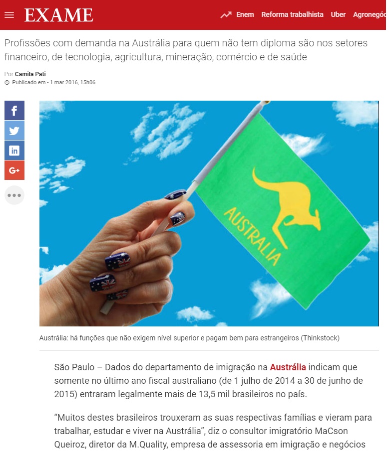 Exame - Austrália tem oportunidades para brasileiros sem diploma
