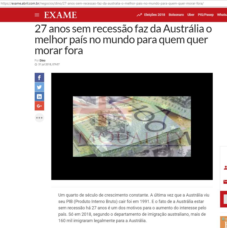 Exame - 27 anos sem recessão faz da Austrália o melhor país no mundo para quem quer morar fora