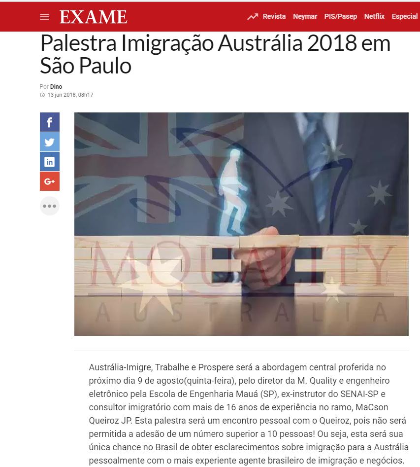 Palestra Imigração Austrália 2018 em São Paulo na Exame